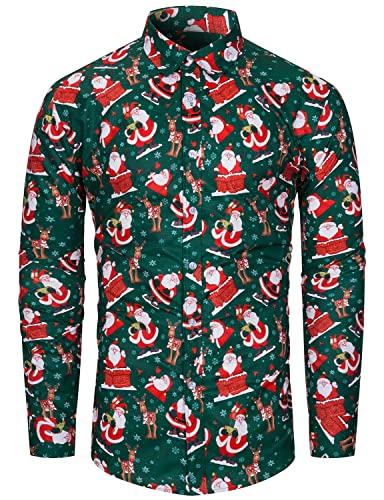 fohemr Herren Christmas Shirt Weihnachtshemd Button-Down Langarm Freizeithemd Slim Fit Hemd Weihnachtsmann Muster Grün 3X-Large von fohemr