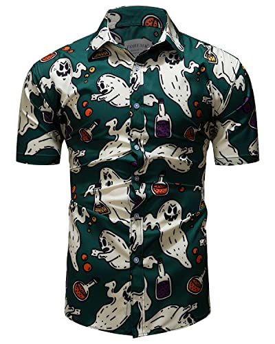 fohemr Herren Halloween Hemd Kurzarm Slim Fit Freizeithemd Geist Muster Lustig Funky Hemden Hawaii Shirt Grün Large von fohemr