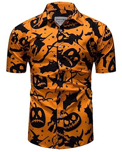 fohemr Herren Halloween Hemd Kurzarm Slim Fit Freizeithemd Kürbis Fledermaus Hexe Muster Lustig Funky Hemden Hawaii Shirt Orange Small von fohemr