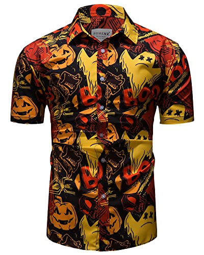 fohemr Herren Halloween Hemd Kurzarm Slim Fit Freizeithemd Kürbis Geist Muster Lustig Funky Hemden Hawaii Shirt Rot XX-Large von fohemr