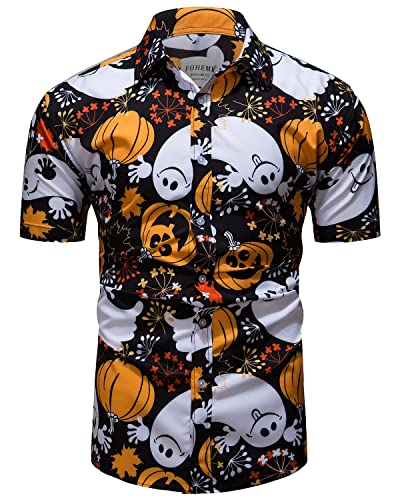 fohemr Herren Halloween Hemd Kurzarm Slim Fit Freizeithemd Kürbis Geist Muster Lustig Funky Hemden Hawaii Shirt Schwarz Medium von fohemr