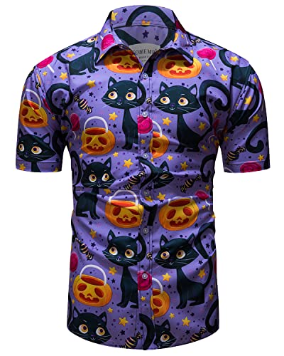fohemr Herren Halloween Hemd Kurzarm Slim Fit Freizeithemd Kürbislaterne Katze Süßigkeiten Muster Lustig Funky Hemden Hawaii Shirt Lila Small von fohemr
