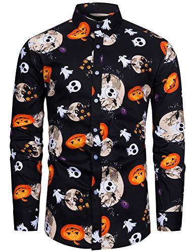 fohemr Herren Halloween Hemd Langärm Slim Fit Freizeithemd Fledermaus Kürbis Geist Muster Lustig Funky Hemden Schwarz Medium von fohemr