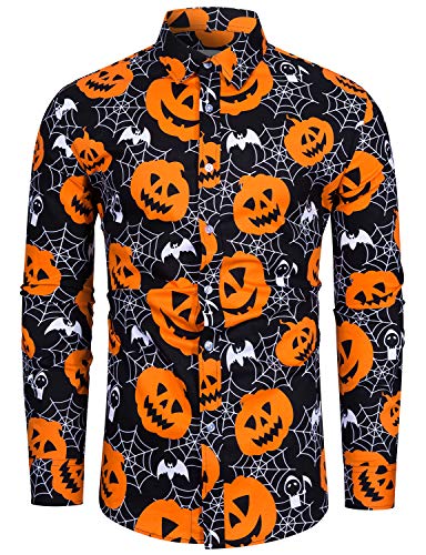 fohemr Herren Halloween Hemd Langärm Slim Fit Freizeithemd Kürbis Fledermaus Spinnennetz Muster Lustig Funky Hemden Lila Schwarz Small von fohemr