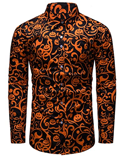 fohemr Herren Halloween Hemd Langärm Slim Fit Freizeithemd Kürbis Muster Lustig Funky Hemden Schwarz Large von fohemr