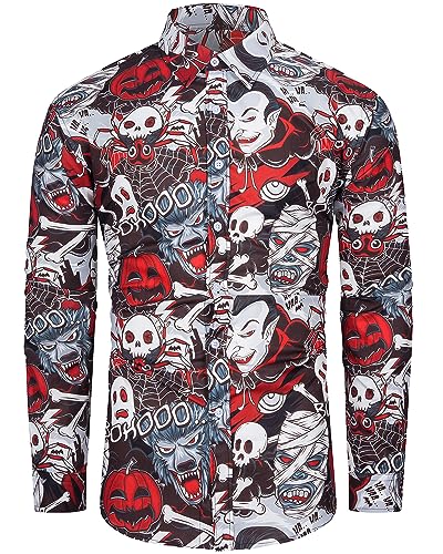 fohemr Herren Halloween Hemd Langärm Slim Fit Freizeithemd Kürbis Skelettkopf Spinne Muster Lustig Funky Hemden Casualshirts Urlaub rot 3X-Large von fohemr