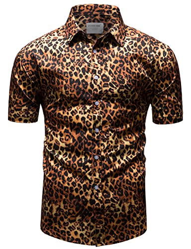 fohemr Herren Leopard Hemd Kurzarm Button down Tiger Tier Muster Freizeithemd Sommerhemd Gelb X-Large von fohemr