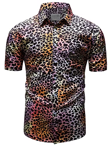 fohemr Herren Leopard Hemd Kurzarm Button down Tiger Tier Muster Freizeithemd Sommerhemd Lila Large von fohemr