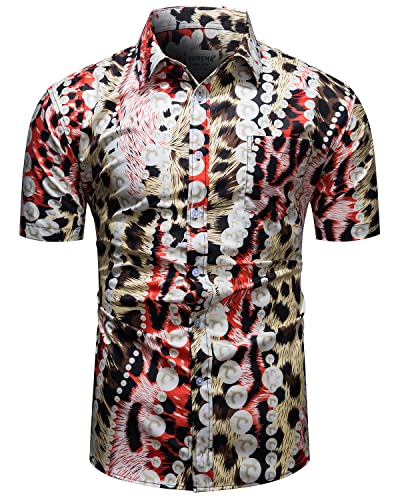 fohemr Herren Leopard Perlenschnur Muster Hemd Kurzarm Button down Freizeithemd Sommerhemd Gelb 3X-Large von fohemr