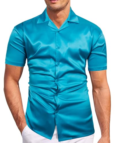 fohemr Herren Satin Glänzende Hemd Freizeit Kurzarm Button Down Solid Kleid Stilvolle Business Sommer Party Hemd Blau 3X-Large von fohemr