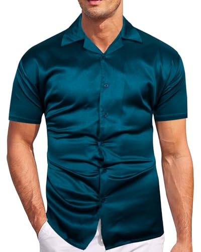 fohemr Herren Satin Glänzende Hemd Freizeit Kurzarm Button Down Solid Kleid Stilvolle Business Sommer Party Hemd Grün Mittel von fohemr