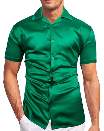 fohemr Herren Satin Glänzende Hemd Freizeit Kurzarm Button Down Solid Kleid Stilvolle Business Sommer Party Hemd Grün X-Large von fohemr