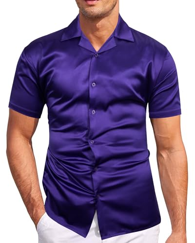 fohemr Herren Satin Glänzende Hemd Freizeit Kurzarm Button Down Solid Kleid Stilvolle Business Sommer Party Hemd Lila Groß von fohemr