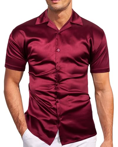 fohemr Herren Satin Glänzende Hemd Freizeit Kurzarm Button Down Solid Kleid Stilvolle Business Sommer Party Hemd Rot 3X-Large von fohemr