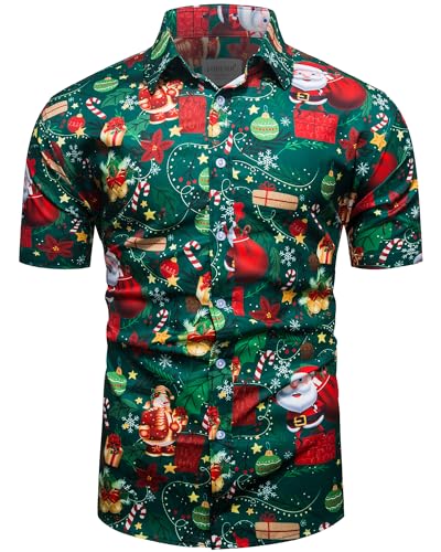 fohemr Herren Weihnachten Festival Barock Hemd Knöpfe Weihnachtsmann Bäume Gedruckt Kurze Ärmel Party Shirt Grün Medium von fohemr