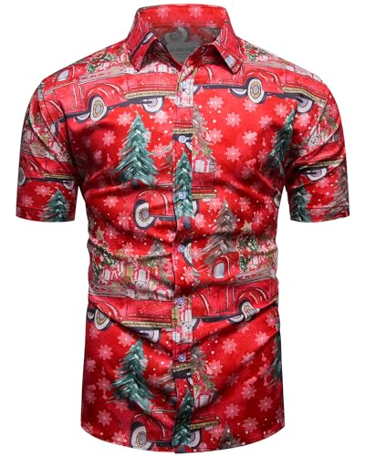 fohemr Herren Weihnachten Festival Barock Hemd Knöpfe Weihnachtsmann Gedruckt Kurze Ärmel Party Shirt Rot Large von fohemr