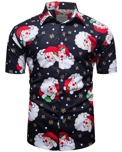 fohemr Herren Weihnachten Festival Barock Hemd Knöpfe Weihnachtsmann Gedruckt Kurze Ärmel Party Shirt Schwarz Small von fohemr