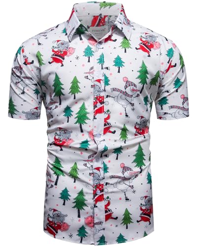 fohemr Herren Weihnachten Festival Barock Hemd Knöpfe Weihnachtsmann Schneemann Gedruckt Kurze Ärmel Party Shirt Weiß 3X-Large von fohemr