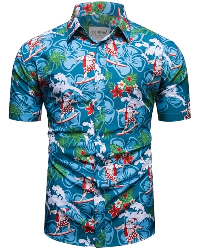 fohemr Herren Weihnachten Festival Barock Hemd Knöpfe Weihnachtsmann Surfen Gedruckt Kurze Ärmel Party Shirt Blau Large von fohemr