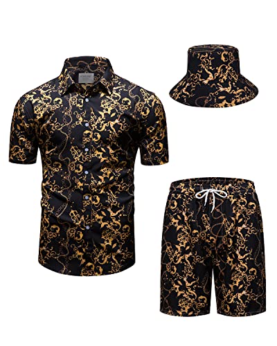 fohemr Herren barock 2-Teiliges Outfit Gold Chain Muster Schwarz Hemd shorts mit Eimerhut Freizeitanzug Sommer Urlaub Strand set 3X-Large von fohemr