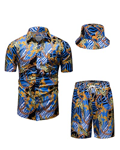 fohemr Herren barock 2-Teiliges Outfit Golden Chain Muster Blau Hemd shorts mit Eimerhut Freizeitanzug Sommer Urlaub Strand set X-Large von fohemr