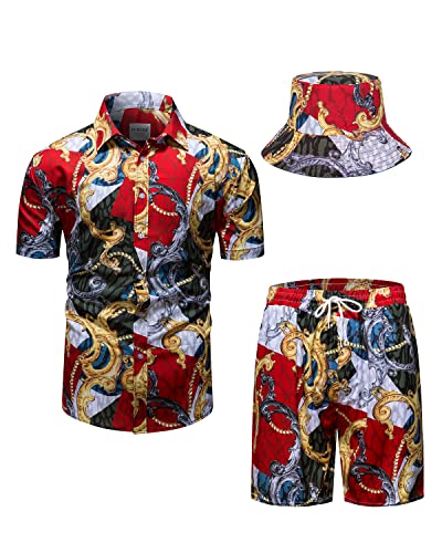fohemr Herren barock 2-Teiliges Outfit Golden Chain Muster Rot Hemd shorts mit Eimerhut Freizeitanzug Sommer Urlaub Strand set 5X-Large von fohemr