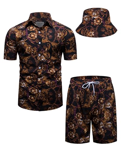 fohemr Herren barock 2-Teiliges Outfit Golden Chain Muster Schwarz Hemd shorts mit Eimerhut Freizeitanzug Sommer Urlaub Strand set 5X-Large von fohemr