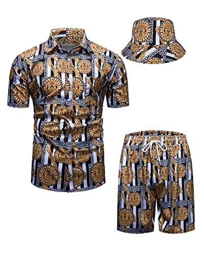 fohemr Herren barock 2-Teiliges Outfit Golden Chain Muster Weiß Hemd shorts mit Eimerhut Freizeitanzug Sommer Urlaub Strand set 5X-Large von fohemr