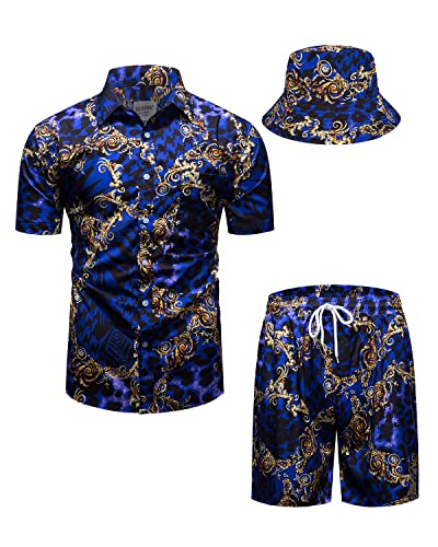 fohemr Herren barock 2-Teiliges Outfit Leopard Muster Lila Hemd shorts mit Eimerhut Freizeitanzug Sommer Urlaub Strand set 4X-Large von fohemr