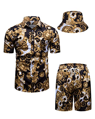 fohemr Herren barock 2-Teiliges Outfit Luxuriöse Muster Schwarz Hemd shorts mit EimerhutFreizeitanzug Sommer Urlaub Strand set Large von fohemr