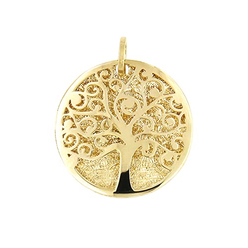 Lucchetta - Baum des Lebens Anhänger in 14K Gelbgold mit Diamant-effekt Medaille, Durchmesser 17mm | Goldanhänger Damen Mädchen 585 Echtgold | für Kette (bis zu 4 mm) | hergestellt in Italien von forme di Lucchetta