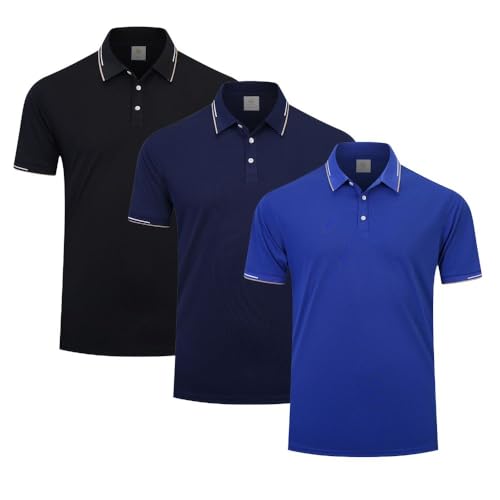 fovdtaa Herren-Poloshirt, kurzärmelig, 3er-Pack, Laufshirt, atmungsaktiv, feuchtigkeitsableitend, aktives Workout-Shirt, #7, Schwarz, Blau, Marineblau, L von fovdtaa