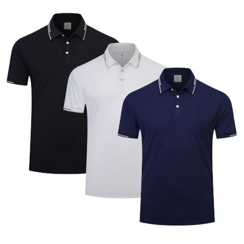 fovdtaa Herren-Poloshirt, kurzärmelig, 3er-Pack, Laufshirt, atmungsaktiv, feuchtigkeitsableitend, aktives Workout-Shirt, #8, Schwarz, Weiß, Marineblau, L von fovdtaa