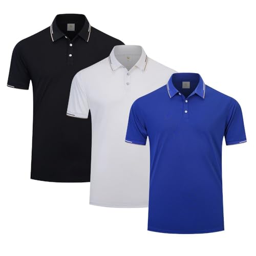 fovdtaa Herren-Poloshirt, kurzärmelig, 3er-Pack, Laufshirt, atmungsaktiv, feuchtigkeitsableitend, aktives Workout-Shirt, #9 - Schwarz, Blau, Weiß, L von fovdtaa