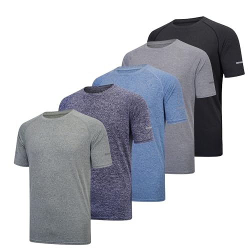 fovdtaa Herren-T-Shirt, kurzärmelig, Rundhalsausschnitt, Fitnessstudio, Workout, Laufen, atmungsaktiv, Sport-Shirts, kurzärmelig, Sport-Tops, 5 Stück, Schwarz/Grau/Blau/Marineblau/Grün, L von fovdtaa