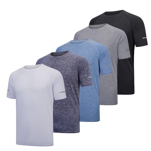 fovdtaa Herren-T-Shirt, kurzärmelig, Rundhalsausschnitt, Fitnessstudio, Workout, Laufen, atmungsaktiv, Sport-Shirts, kurzärmelig, Sport-Tops, 5 Stück, Schwarz/Grau/Blau/Marineblau/Weiß, L von fovdtaa