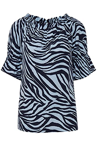 fransa FRALZEBRA Damen Lange Bluse 3/4-Arm mit U-Boot Ausschnitt 100% Viskose EcoVero elastischer Bund mit Rüschen an Ausschnitt und Ärmelsaum, Größe:2XL, Farbe:Blue Animal Mix (200741) von fransa