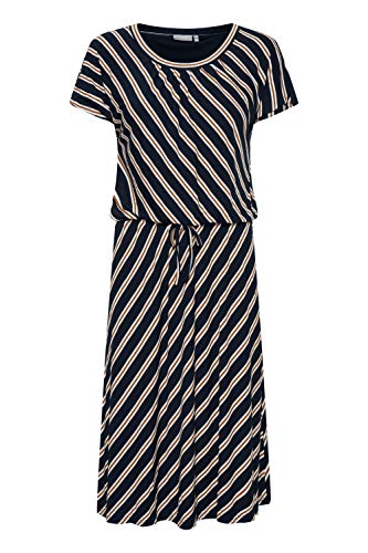 fransa FRVESUNNA Damen Jerseykleid Shirtkleid Kleid knieumspielt mit Schnürung in Taillenhöhe und Streifen Muster, Größe:XL, Farbe:Navy Blazer Mix (200119) von fransa