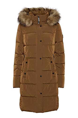 fransa FRBABAC Damen Steppmantel Wintermantel Winterjacke mit Fellkapuze Kunstfell gerippte Ärmelbündchen leicht glänzend Lang, Größe:XS, Farbe:Gold Brown (200943) von fransa