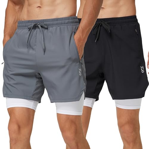 frueo 2er Pack Herren Sport Shorts Laufshorts Schnell Trocknend Sporthose Herren Kurze 2 in 1 Trainingsshorts Leicht mit ReiBverschlusstasche(0609)-Black Grey-L von frueo