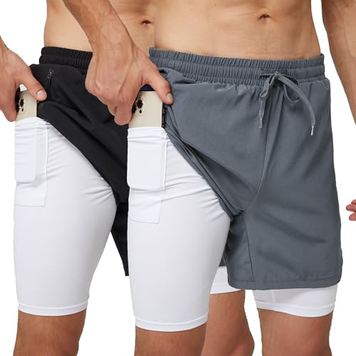 frueo 2er Pack Herren Sport Shorts Laufshorts Schnell Trocknend Sporthose Herren Kurze 2 in 1 Trainingsshorts Leicht mit ReiBverschlusstasche(0609)-Black Grey-M von frueo