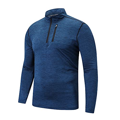 frueo Sportshirt Herren Langarm Half Zip Atmungsaktiv Laufshirt,Langarm Funktionsshirt für Männer Gym Running Trainingsshirt Mit Reißverschlusstasche,1606,Navy-S von frueo