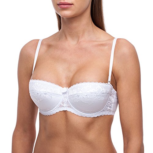 frugue Damen Balconette Push-Up BH Multiway-Trägern / abnehmbaren Trägern, Trägerloser-BH mit Bügel, Push-up-BH Extrem- Gr. 75E, Weiß von frugue