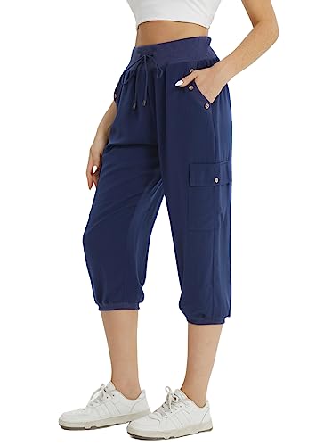 fuinloth 3/4 Hose Damen Caprihose Sommer Frauen Leicht Locker Dreiviertel Knielange Hosen mit 4 Seitentaschen Blau XL 42-44 von fuinloth