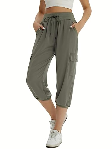 fuinloth 3/4 Hose Damen Caprihose Sommer Frauen Leicht Locker Dreiviertel Knielange Hosen mit 4 Seitentaschen Grün XXL 46-48 von fuinloth