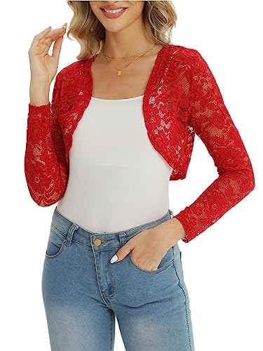 fuinloth Damen Spitze Bolero Jäckchen für Abendkleid Kurze Festlich Schulterjacke Elegant Hochzeit Bolerojacke, Rot, XXL, 46-48 von fuinloth