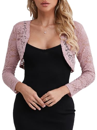 fuinloth Damen Spitze Bolero Jäckchen für Abendkleid Kurze Festlich Schulterjacke Elegant Hochzeit Bolerojacke Rosa M 36-38 von fuinloth