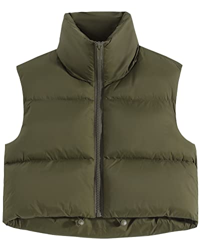 fuinloth Damen Weste Kurz Stehkragen Steppweste Warm Winter Crop Puffer Weste mit Reißverschluss Ärmellose Übergangsweste Armeegrün L von fuinloth