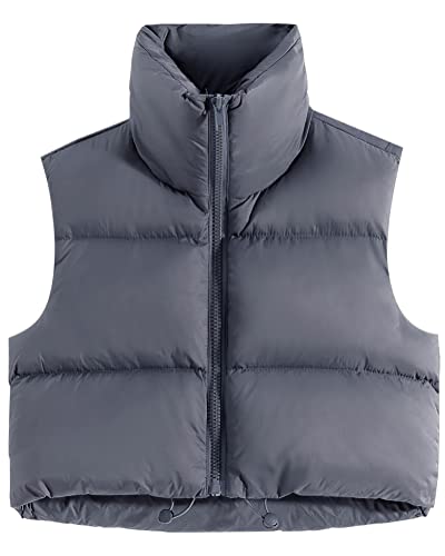 fuinloth Damen Weste Kurz Stehkragen Steppweste Warm Winter Crop Puffer Weste mit Reißverschluss Ärmellose Übergangsweste Holzkohle L von fuinloth