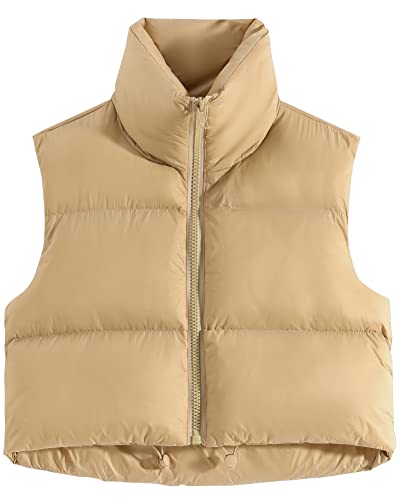 fuinloth Damen Weste Kurz Stehkragen Steppweste Warm Winter Crop Puffer Weste mit Reißverschluss Ärmellose Übergangsweste Khaki L von fuinloth